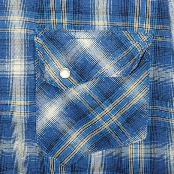 Wrangler Wrancher Pearl Snap Large Blue Plaid Shirt Western Cowboy Cotton Blend - Picture 4 of 11
